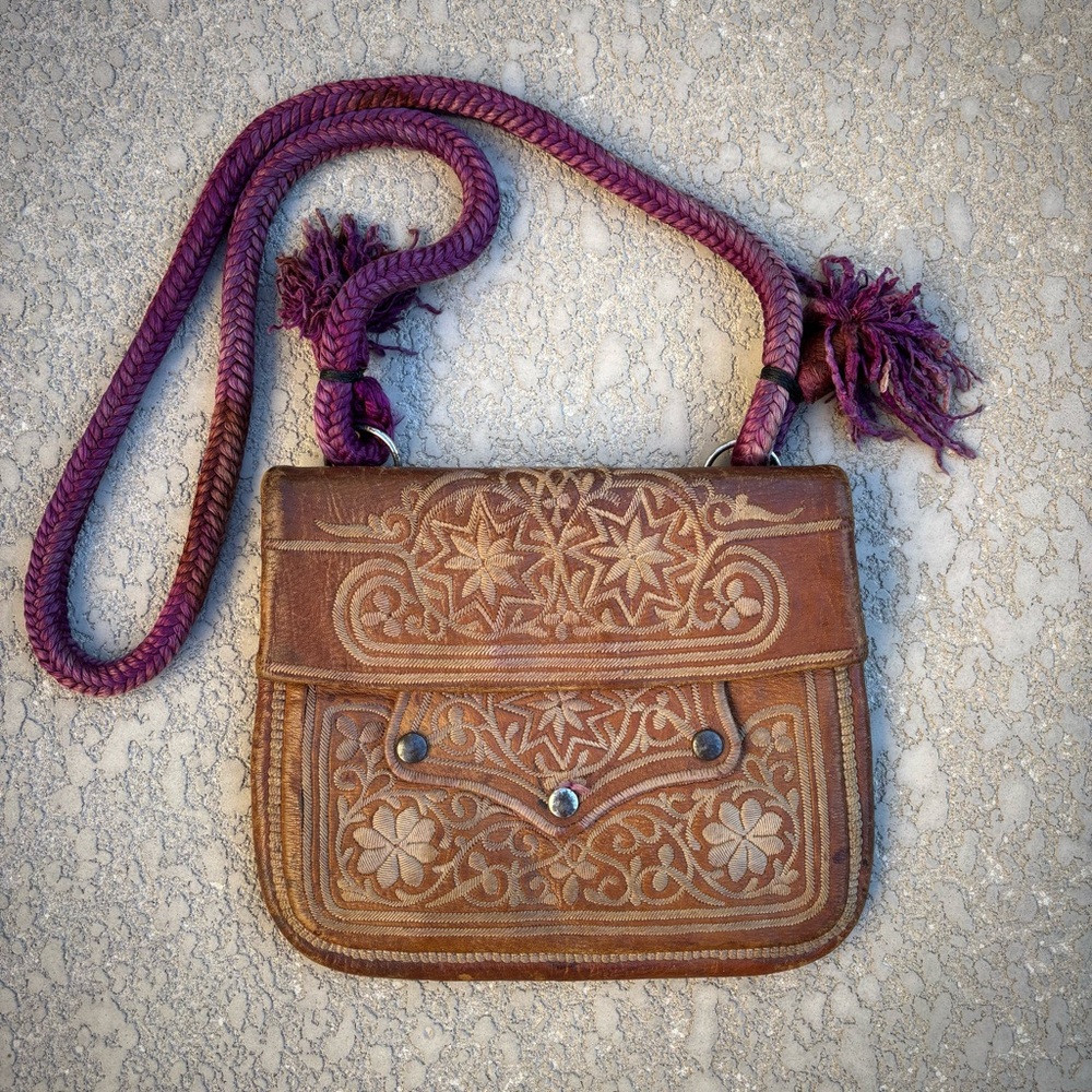 Hand-tooled Brown Leather Shoulder Bag with Purple Strap